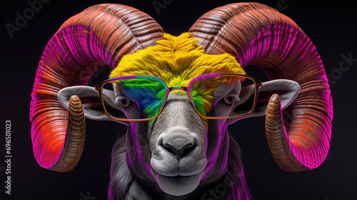 Detail image of a fashionable ram's face. Bighorn wearing sunglasses. Animal fashion in neon colors on dark background. Illustration for cover, card, poster, brochure or presentation. photo