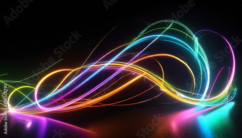 3d render abstract neon wallpaper glowing dynamic lines over black background light drawing trajectory fluorescent ribbon