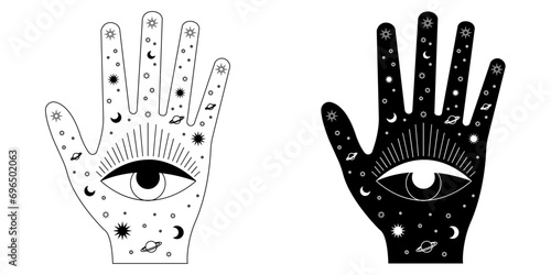 Palmistry and hieromancy. Hand lines and their meanings. Celestial and mystical astrology. Magical vector illustration.