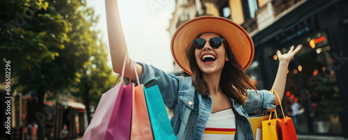 season sale. cheerful woman with colorful paper bags on city shopping street. banner with copy space photo