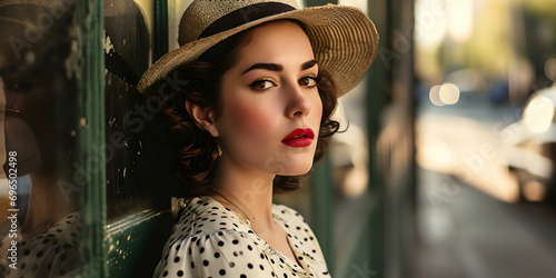 portrait of beautiful woman wearing 50s style fashion clothes