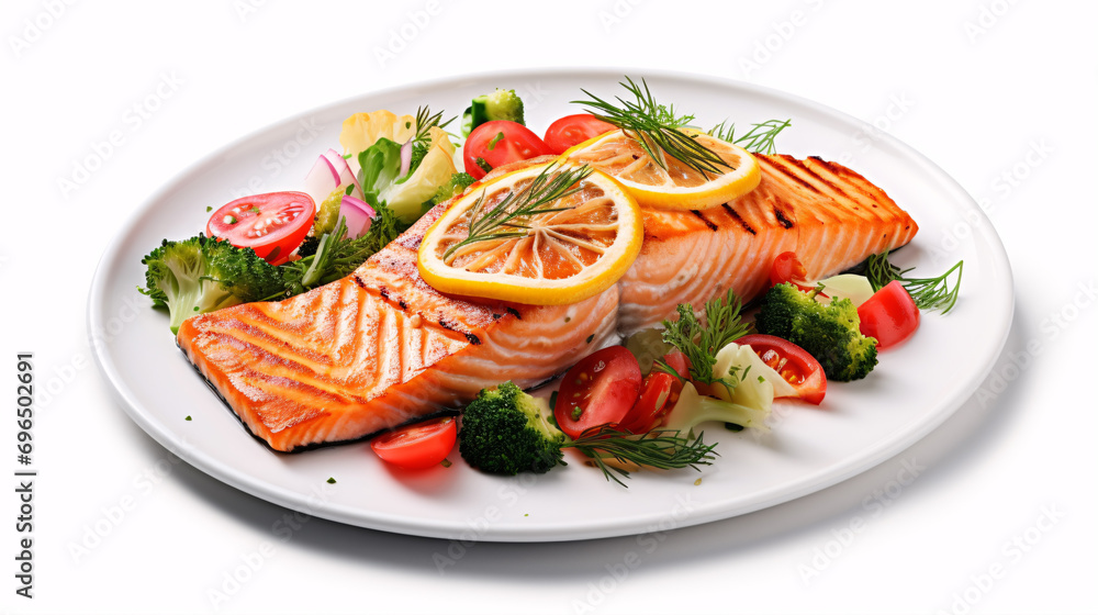 A bird's-eye-view of a grilled salmon steak and produce atop a white foundation. A bird's-eye-view of a grilled salmon steak and produce atop a white foundation.