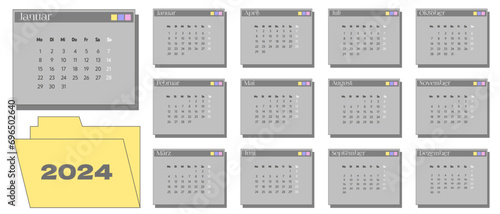 2024 calendar in y2k style. Months in the form of computer interface folders. Retro PC elements.