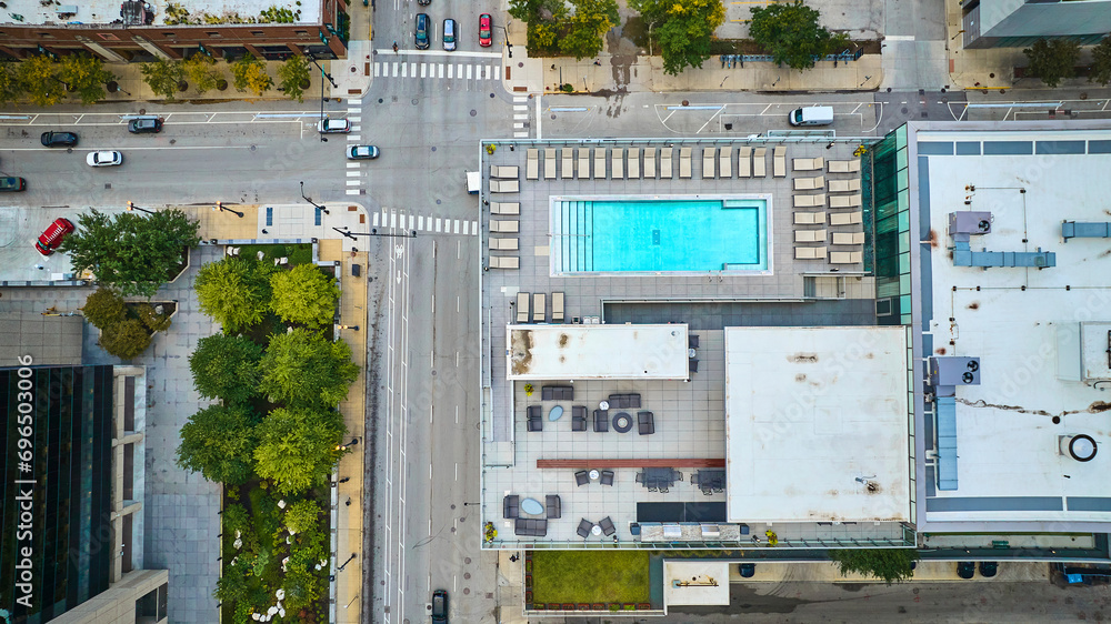 Rooftop pool aerial of Chicago on summer day in city with buildings from above, tourism Rooftop pool aerial of Chicago on summer day in city with buildings from above, tourism