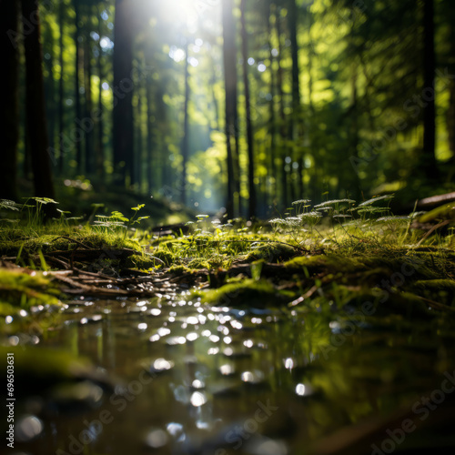 Sunlight in the green forest  spring time. Panorama of a green forest of deciduous trees with the sun casting its rays of light through the foliage.