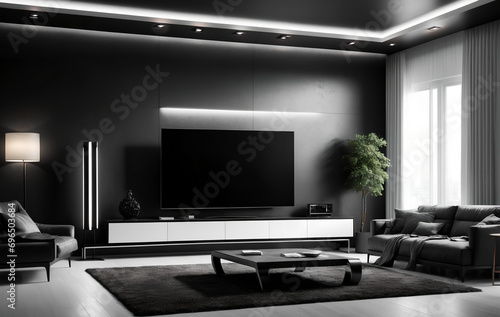 Photography of a Living Room, Ultra Modern Interior Design, black and white
