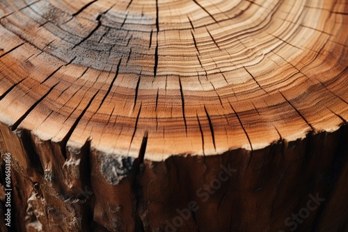 Saw cut section of a substantial acacia stump in close up view photo