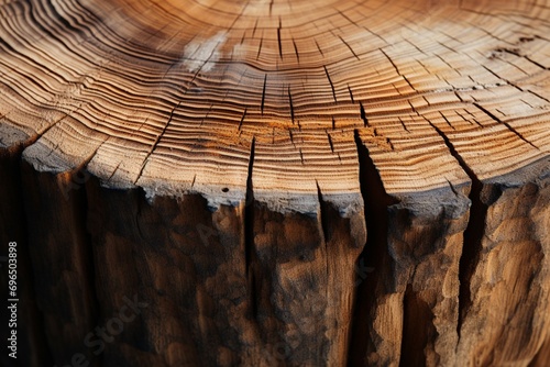 Saw cut section of a substantial acacia stump in close up view photo