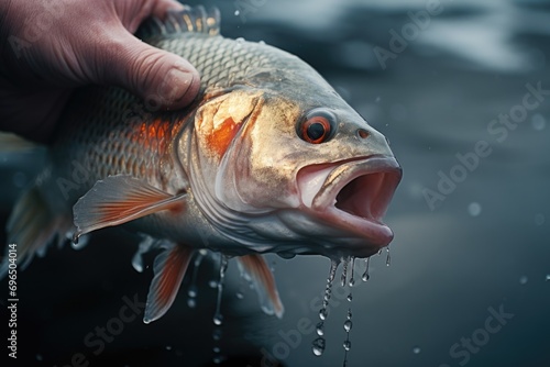 A person holding a fish with its mouth open. Can be used to illustrate fishing, wildlife, or the joy of catching a big fish