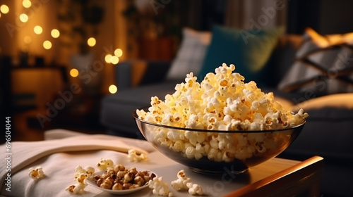 Transparent big bowl with sweet or salty popcorn on a table in front of a tv-set and a remote control. Cozy film night and snack time at home