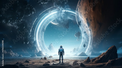 astronaut with his back facing an unknown and bright portal