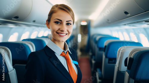 smiling stewardess in a stylish uniform inside an airplane, ready to provide safety instructions to passengers