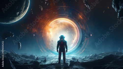 lost astronaut in front of a glowing portal lost in space