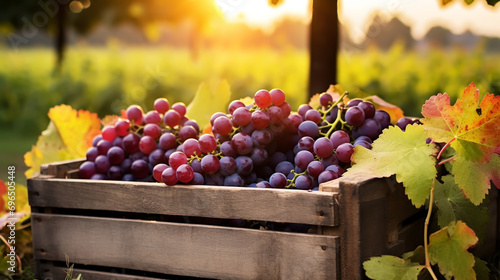 Harvest season. Big wooden box full of freshly grapes standing in fruit garden