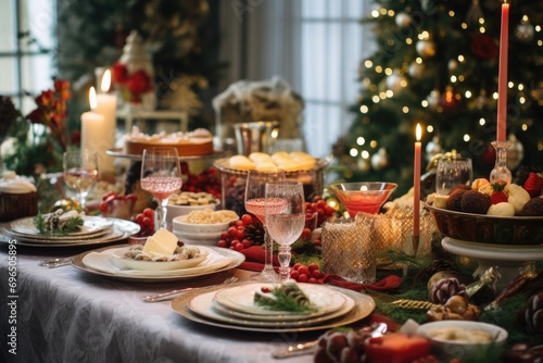 A beautifully set table for a festive holiday dinner. Perfect for creating an elegant atmosphere.