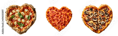 Set of Valentines Pizza featuring diverse flavors: Margherita, Pepperoni, and Mushroom, formed into a heart shape, Isolated on Transparent Background, PNG photo