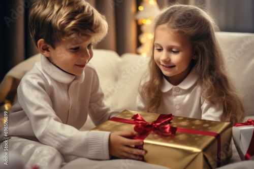 A little boy and a little girl excitedly opening a Christmas present. Perfect for capturing the joy and anticipation of the holiday season.