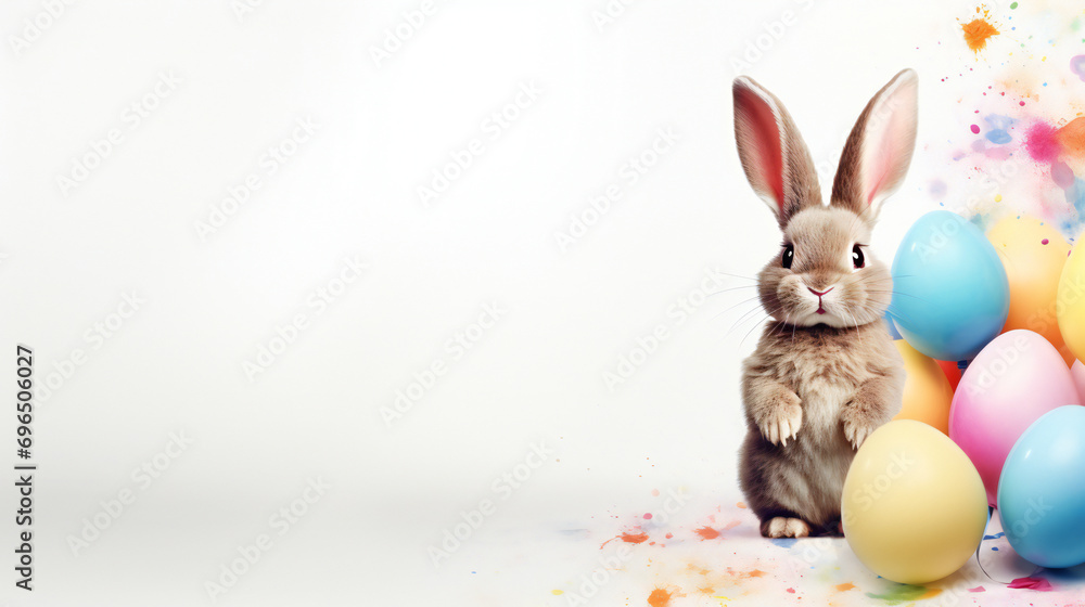 Obraz premium Curious, cute and funny Easter Bunny or Easter Rabbit peeking behind a pile of painted decorated or ornate Easter Eggs for Easter Egg Hunt Game isolated white background, cut out or cutout