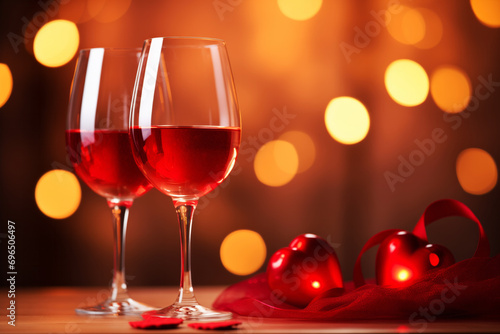 Two glasses of red wine on table with heart shape on festive golden bokeh background. Love anniversary birthday celebration concept