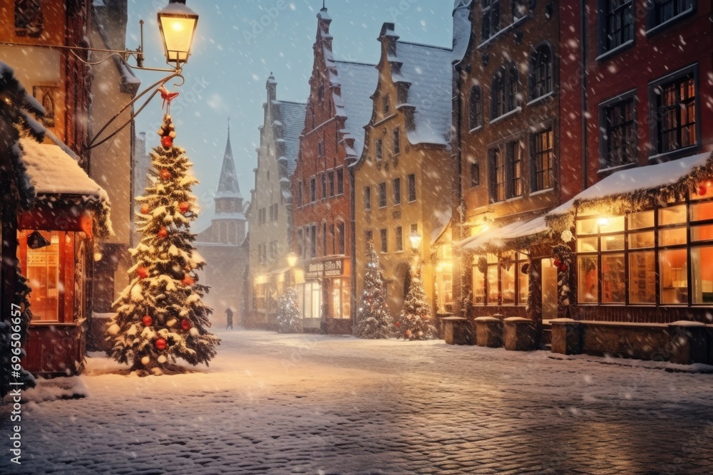 A picture of a Christmas tree standing in the middle of a snowy street. Perfect for holiday-themed designs and winter celebrations