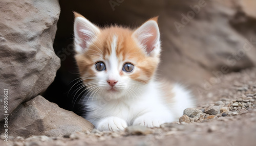 Brown and white kitten under the rock