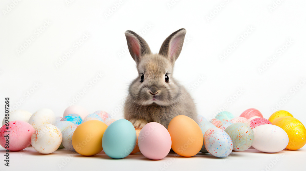 Curious, cute and funny Easter Bunny or Easter Rabbit peeking behind a pile of painted decorated or ornate Easter Eggs for Easter Egg Hunt Game isolated white background