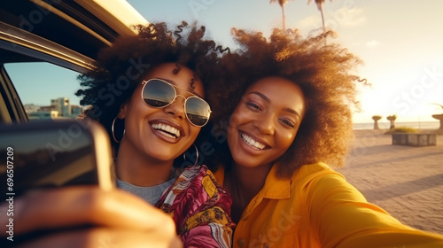 Excited African American female traveler in sunglasses smiling and taking selfie near car,
