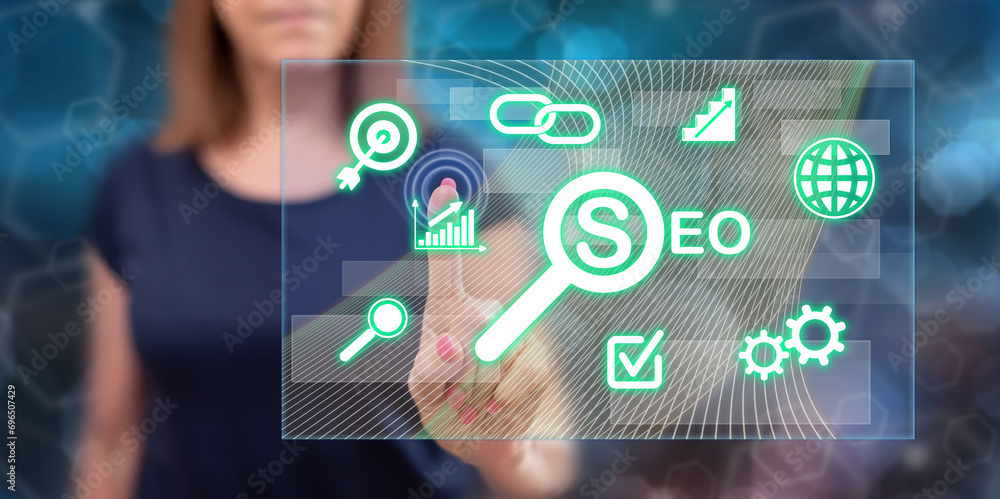 Obraz premium Woman touching a seo concept