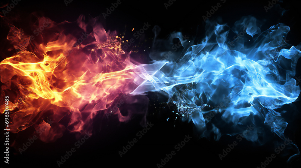 Magic power fire and ice, lights effects, isolated, black background, - obrazy, fototapety, plakaty 