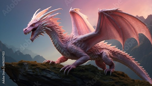 Fierce pink dragon threatening with its mouth open from the top of a rock.
