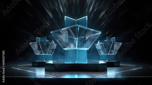 A group of three glass trophies sitting on top of a table.