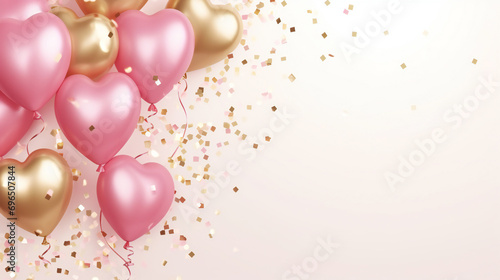 metallic pink and gold balloons hart shapes with confetti. Valentine's day, international women's day, romantic background