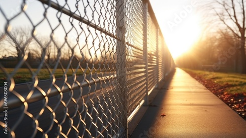 A beautiful sunset with the sun setting behind a chain link fence. Perfect for illustrating concepts of freedom, barriers, and transition. photo