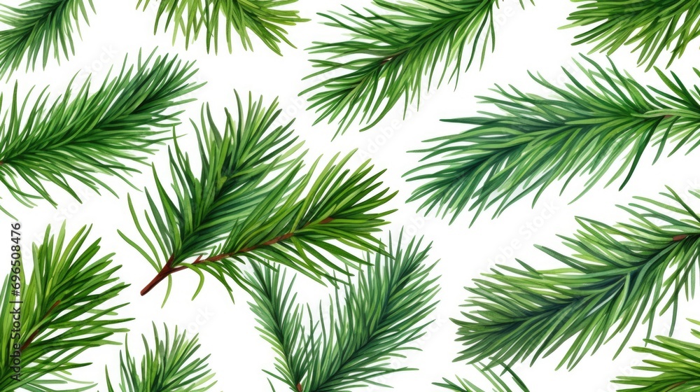 A simple and elegant pattern of pine branches on a clean white background. Perfect for adding a touch of nature to your designs or decorations - obrazy, fototapety, plakaty 