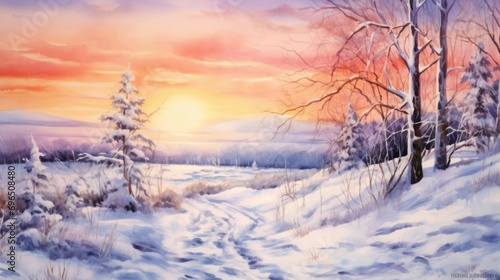 A picturesque painting of a snowy landscape with tall trees. Perfect for winter-themed designs and nature-inspired projects