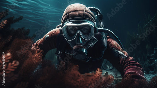 Girl scuba diver diving on tropical reef with blue background and reef fish.