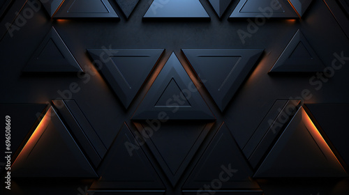 Futuristic, High Tech, dark background, with a triangular block structure. Wall texture with a 3D triangle tile pattern photo
