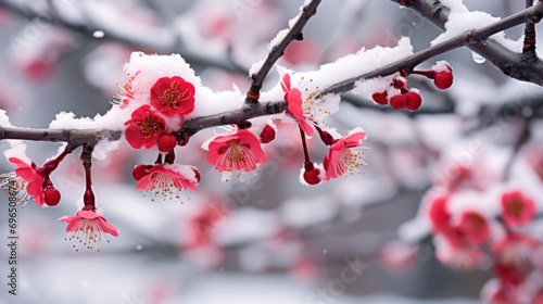 A close up of a branch of a tree covered in snow., red plum blossoms under snow. photo