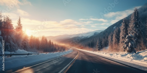 A car driving down a snow-covered road. Perfect for winter travel or scenic road trip themes