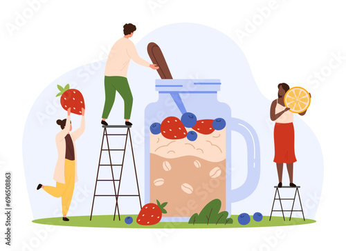 Cooking cereal granola with berries, healthy breakfast food. Tiny people holding spoon, strawberry and orange slice to cook oat granola in glass bottle for morning meals cartoon vector illustration