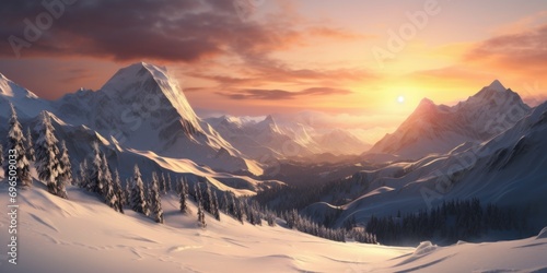 A stunning image of a snow-covered mountain with a beautiful sunset in the background. Perfect for nature lovers and travel enthusiasts.