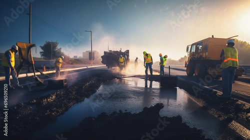 Construction site is laying new asphalt road pavement,road construction workers and road construction machinery scene.highway construction site landscape. photo