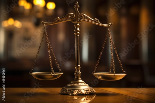 A golden scale sits on top of a wooden table. Perfect for business, finance, or justice concepts