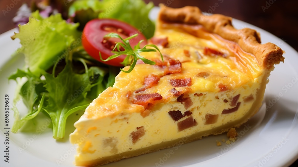 Quiche Lorraine A savory tart made with a custard filling of eggs, cream, cheese, and bacon. Other variations may include vegetables or seafood