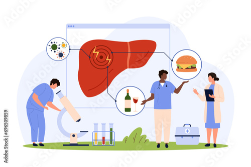 Research on liver health and disease. Tiny people warning about liver damage from infection, poisoning from bad diet of alcohol and fastfood, medical infographic chart cartoon vector illustration