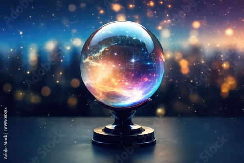 A crystal ball sitting on top of a table. Can be used for fortune-telling or mystical concepts photo