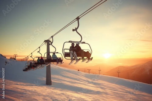 A couple of people enjoying a ride on a ski lift. Suitable for travel and winter sports themes photo