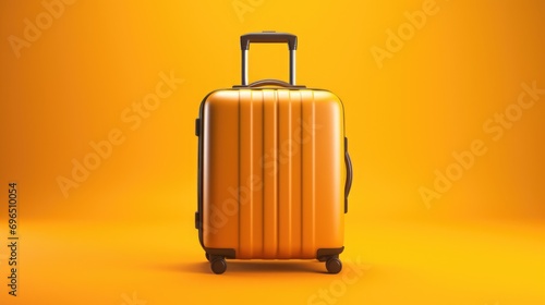 A yellow suitcase on wheels against a yellow background. Perfect for travel and vacation-themed projects