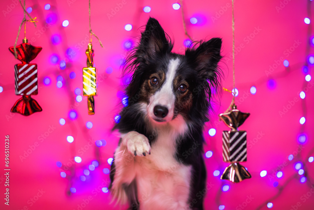 border collie w świątecznej scenerii z cukierkami na różowym tle z bokeh