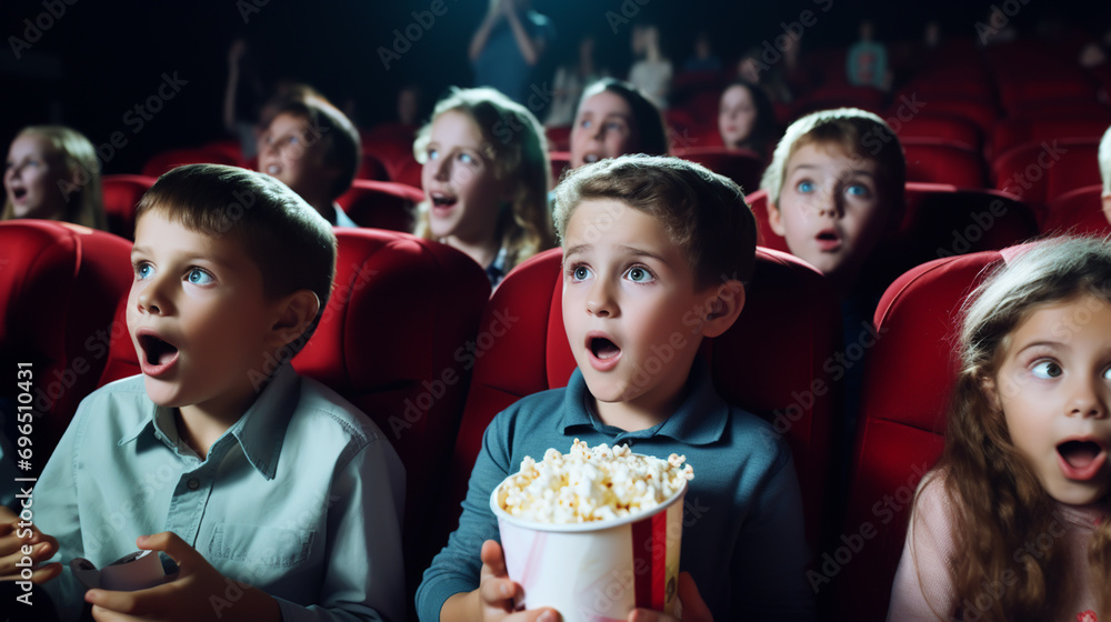 Surprised kid watching movie in cinema theater Surprised kid watching movie in cinema theater